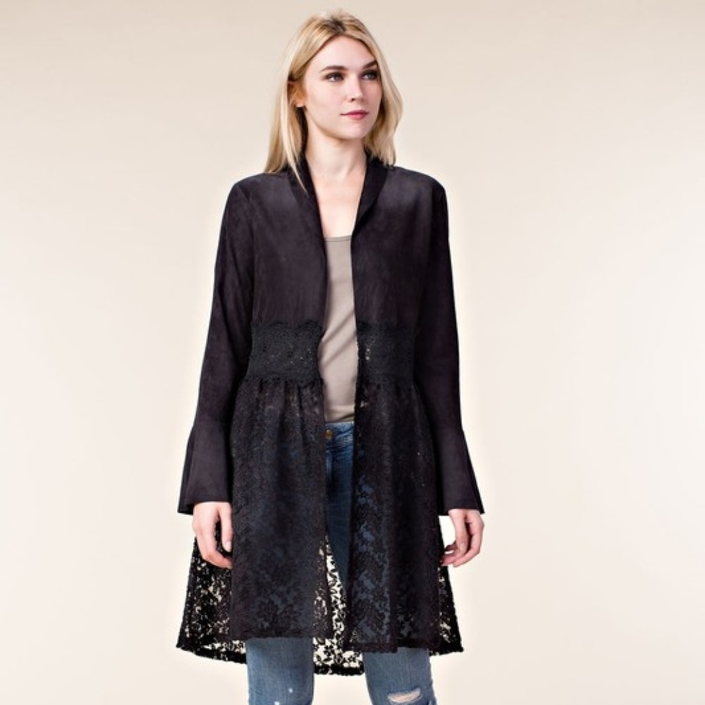Black Long Faux Suede Jacket Lace Bell Sleeves